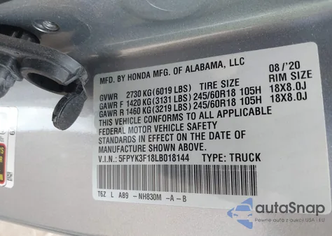 2020 Honda Ridgeline Awd Sport from USA, damaged, VIN 5FPYK3F18LB018144